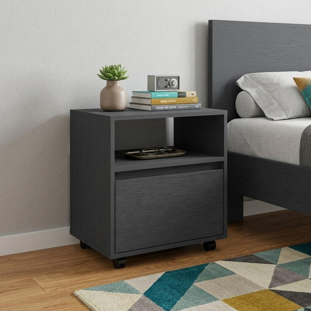 20" Black Wood One Drawer Nightstand