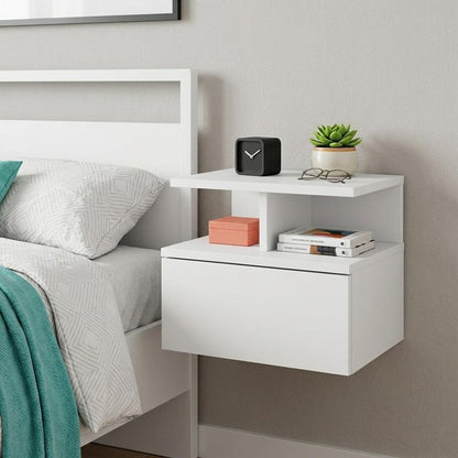 14" White Wood One Drawer Floating Nightstand