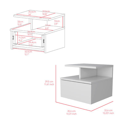 12" White Wood One Drawer Floating Nightstand