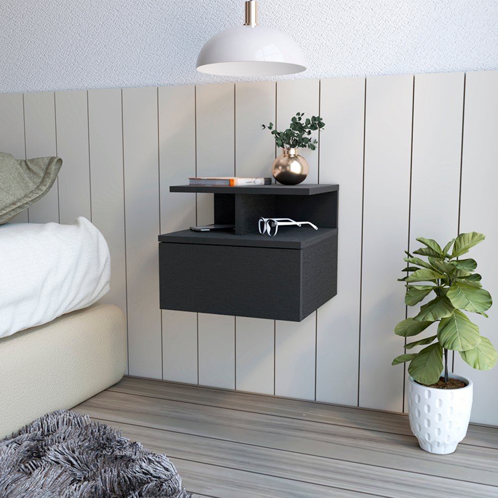 14" Black Wood One Drawer Floating Nightstand