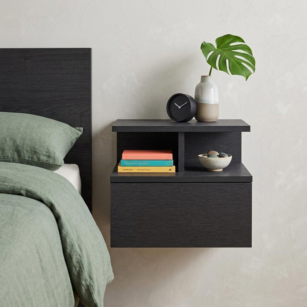 14" Black Wood One Drawer Floating Nightstand
