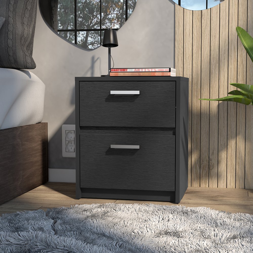 19" Black Wood Two Drawer Nightstand