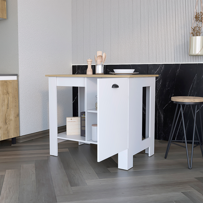 White and Natural 35" Kitchen Island With Storage