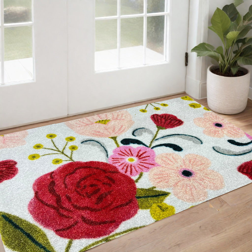 2' X 4' Red Floral Machine Tufted Area Rug With UV Protection