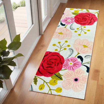 2' X 6' Red Floral Machine Tufted Runner Rug With UV Protection