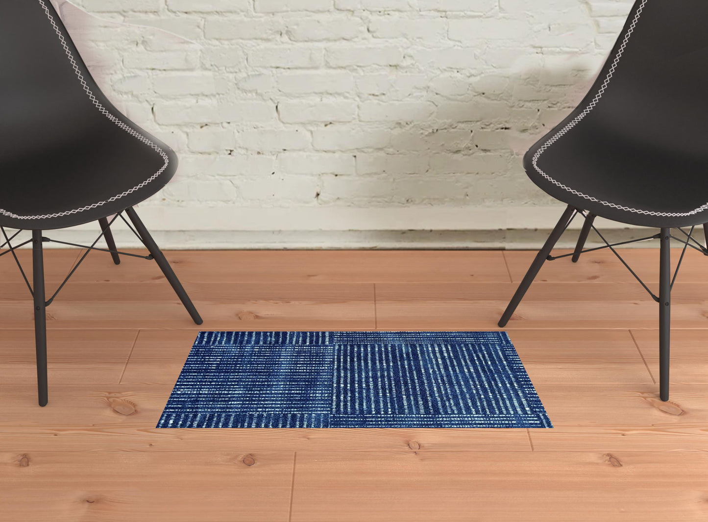 2' X 3' Navy Blue Striped Washable Area Rug With UV Protection