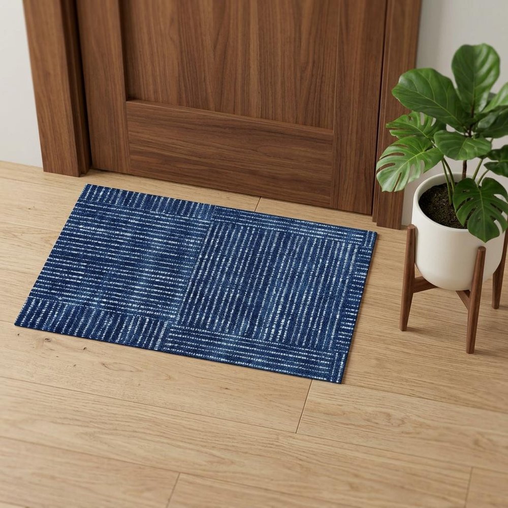 2' X 3' Navy Blue Striped Washable Area Rug With UV Protection