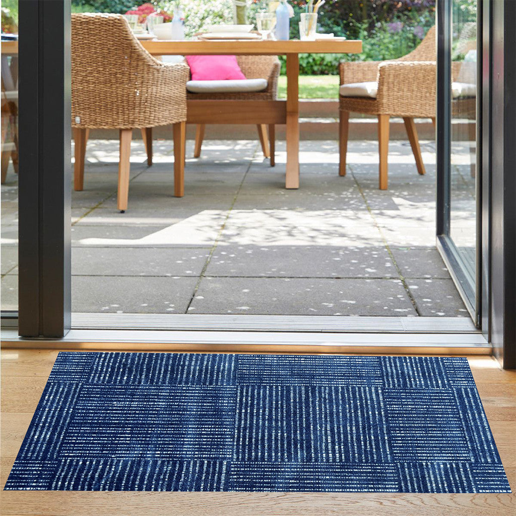 2' X 4' Navy Blue Striped Washable Area Rug With UV Protection