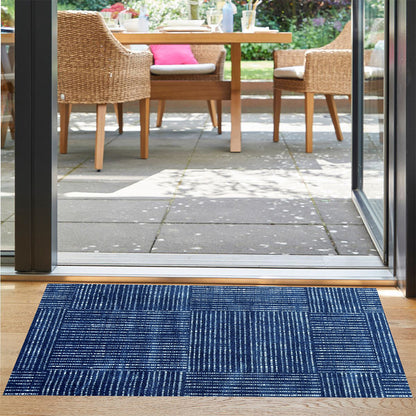 2' X 4' Navy Blue Striped Washable Area Rug With UV Protection