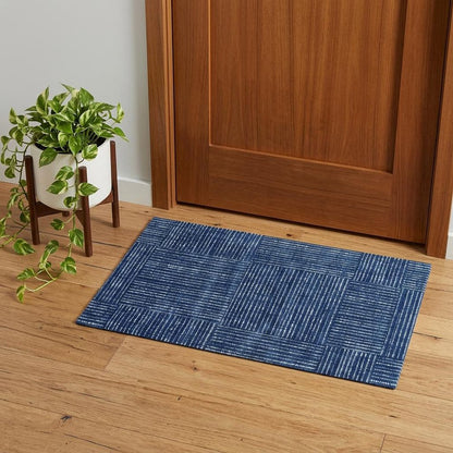 2' X 4' Navy Blue Striped Washable Area Rug With UV Protection