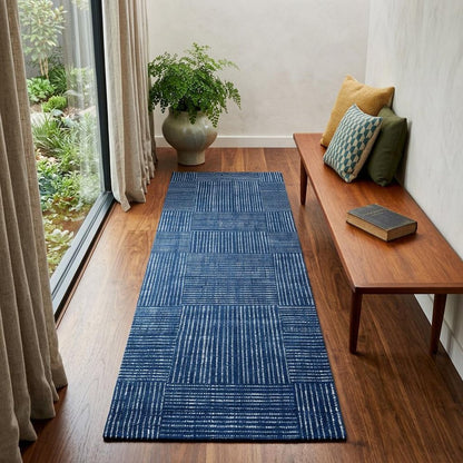 2' X 6' Navy Blue Striped Washable Runner Rug With UV Protection