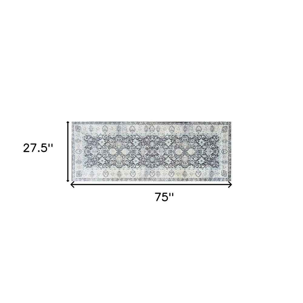 2' X 6' Gray Oriental Washable Runner Rug With UV Protection