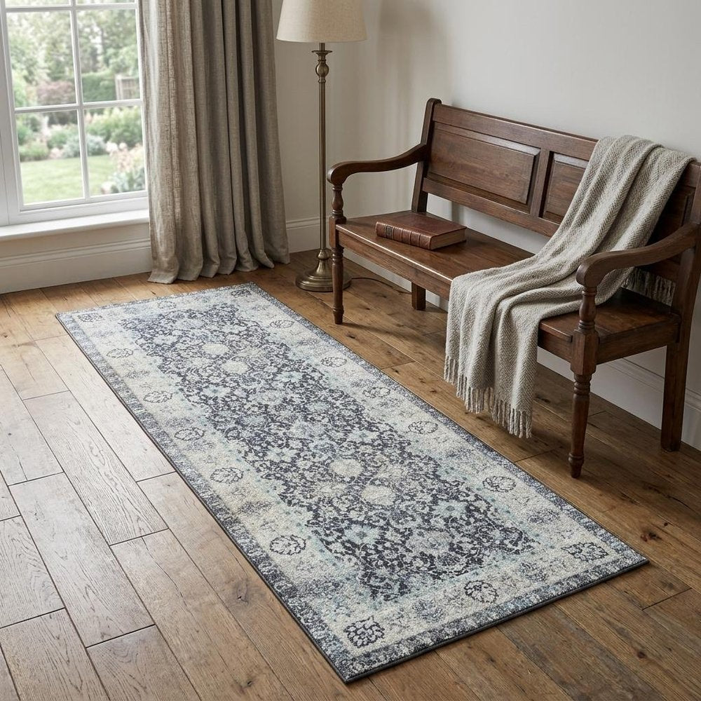 2' X 6' Gray Oriental Washable Runner Rug With UV Protection