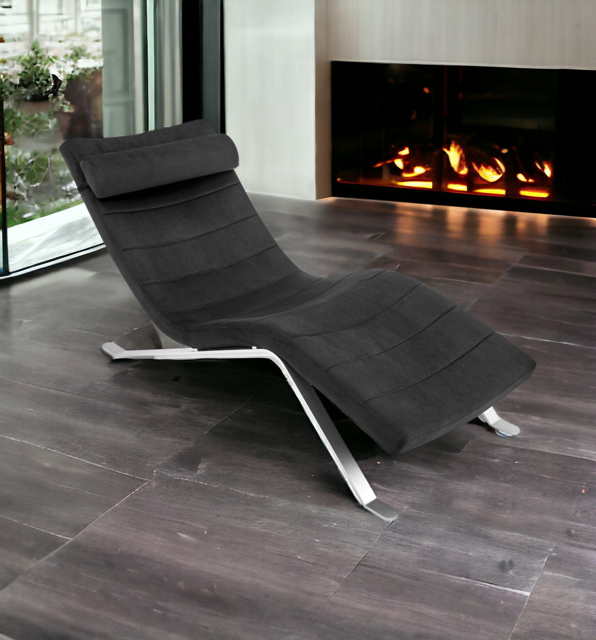 66" Black and Silver Velvet Lounge Chair