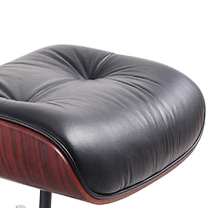 35" Black Tufted Leather And Dark Brown Swivel Lounge Chair with Ottoman