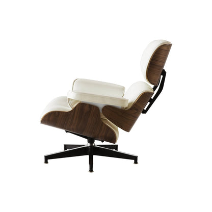 35" Beige and Dark Brown Genuine Leather Tufted Swivel Lounge Chair With Ottoman