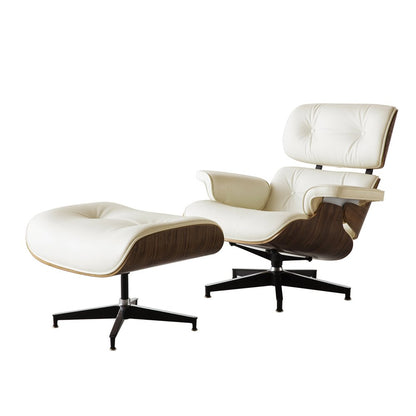 35" Beige and Dark Brown Genuine Leather Tufted Swivel Lounge Chair With Ottoman