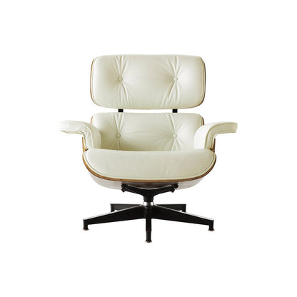 35" Beige and Dark Brown Genuine Leather Tufted Swivel Lounge Chair With Ottoman