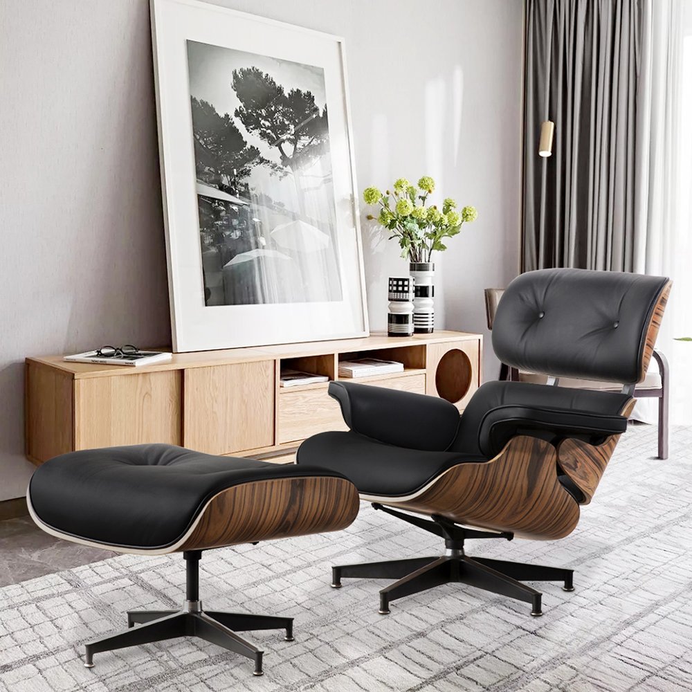 35" Black and Brown Genuine Leather Tufted Swivel Lounge Chair With Ottoman