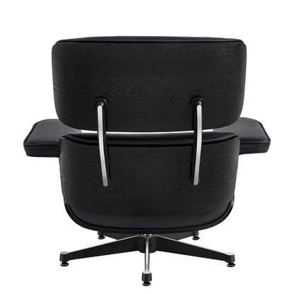 35" Black Tufted Genuine Leather Swivel Lounge Chair with Ottoman