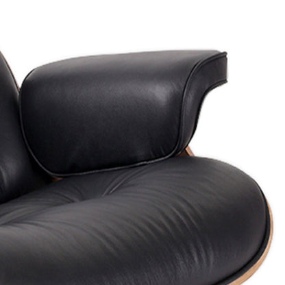 35" Black and Brown Genuine Leather Tufted Swivel Lounge Chair With Ottoman