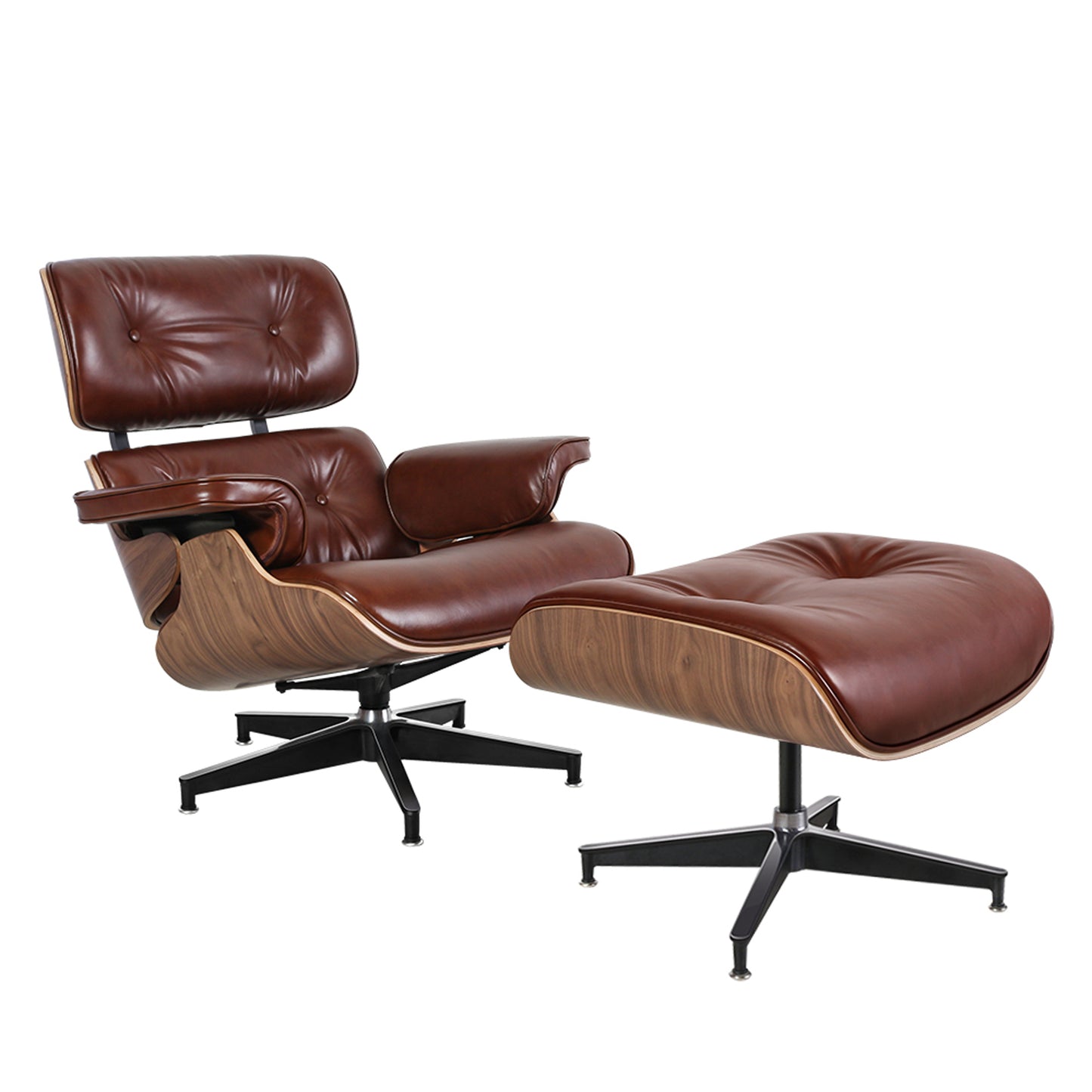 35" Brown Tufted Genuine Leather Swivel Lounge Chair with Ottoman