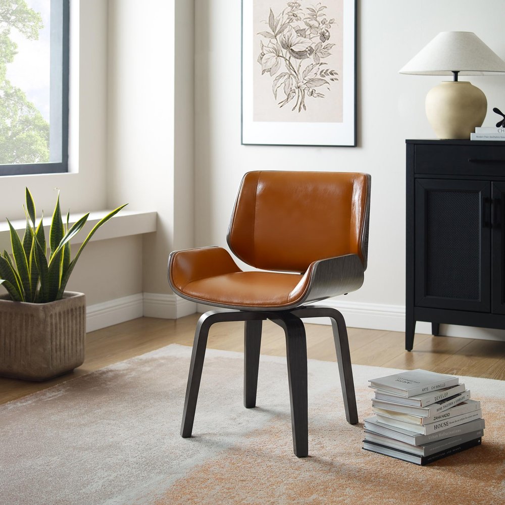 Brown and Black Upholstered Faux Leather Curved Back Dining Side Chair