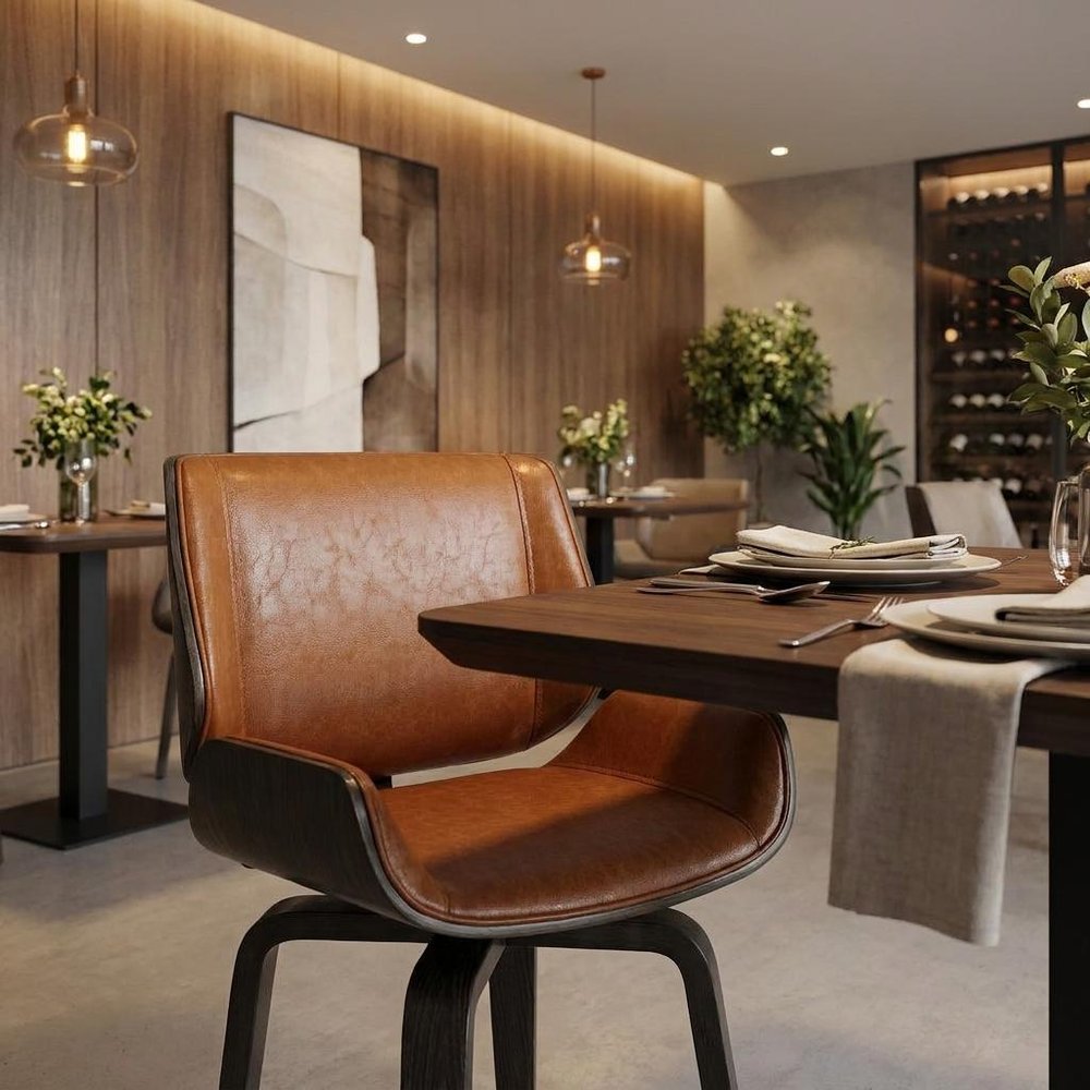 Brown and Black Upholstered Faux Leather Curved Back Dining Side Chair