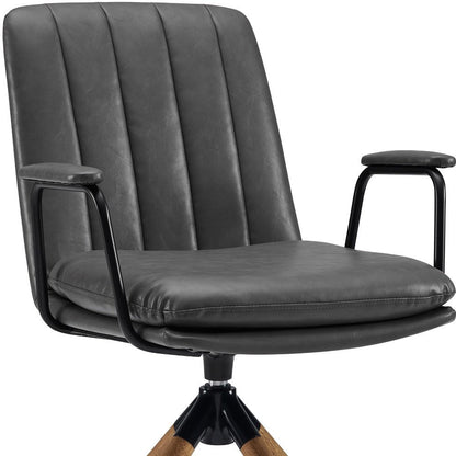 23" Gray And Natural Faux Leather Swivel Arm Chair
