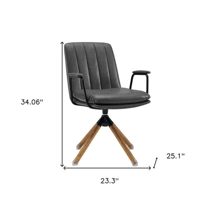 23" Gray And Natural Faux Leather Swivel Arm Chair