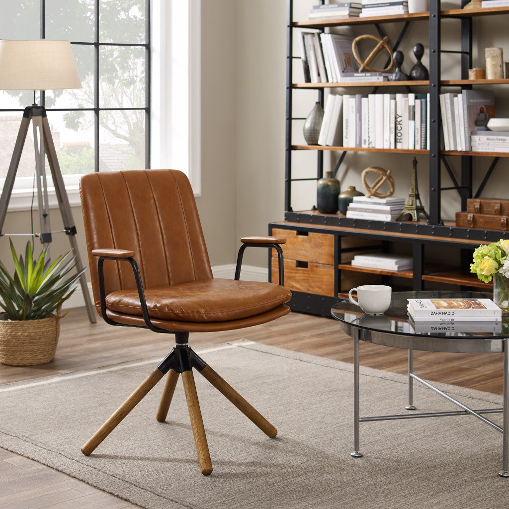 23" Carmel Brown Faux Leather Swivel Arm Chair