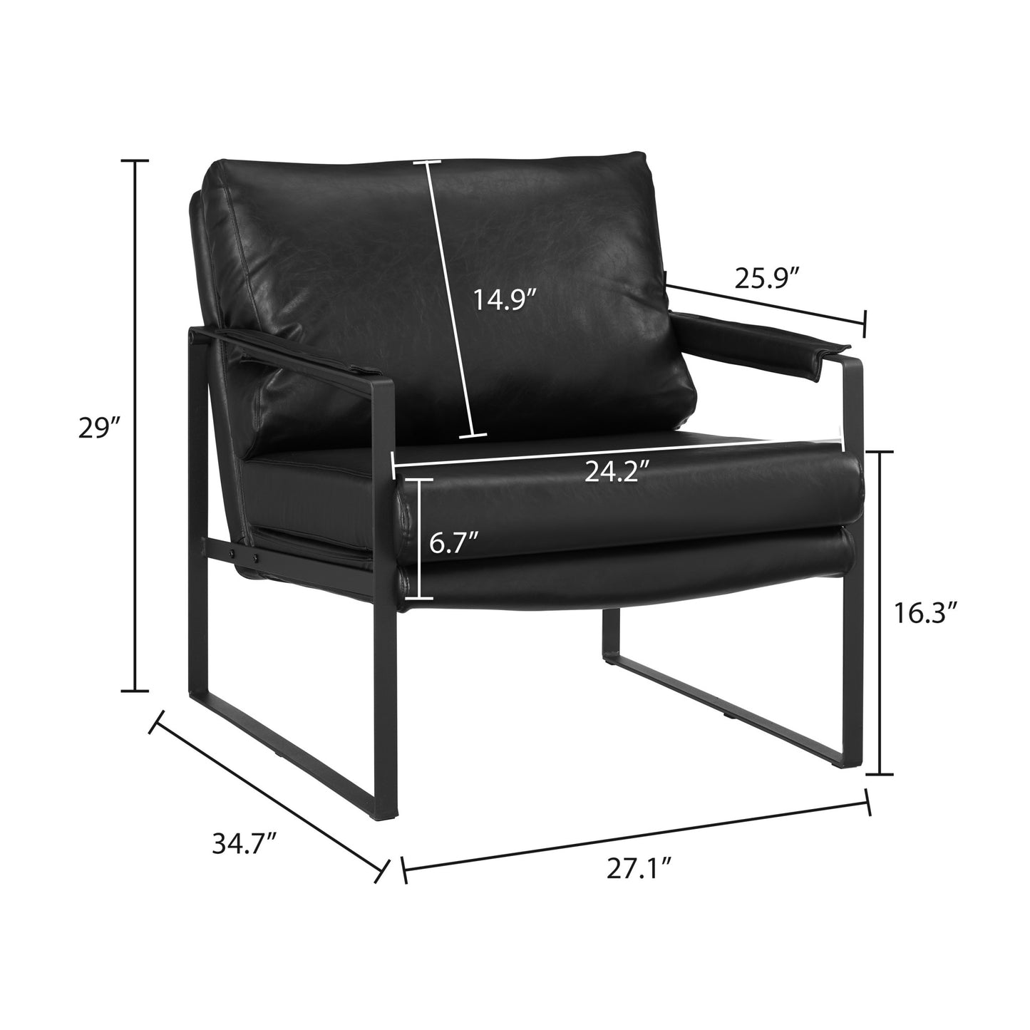 27" Black Faux Leather and Metal Arm Chair