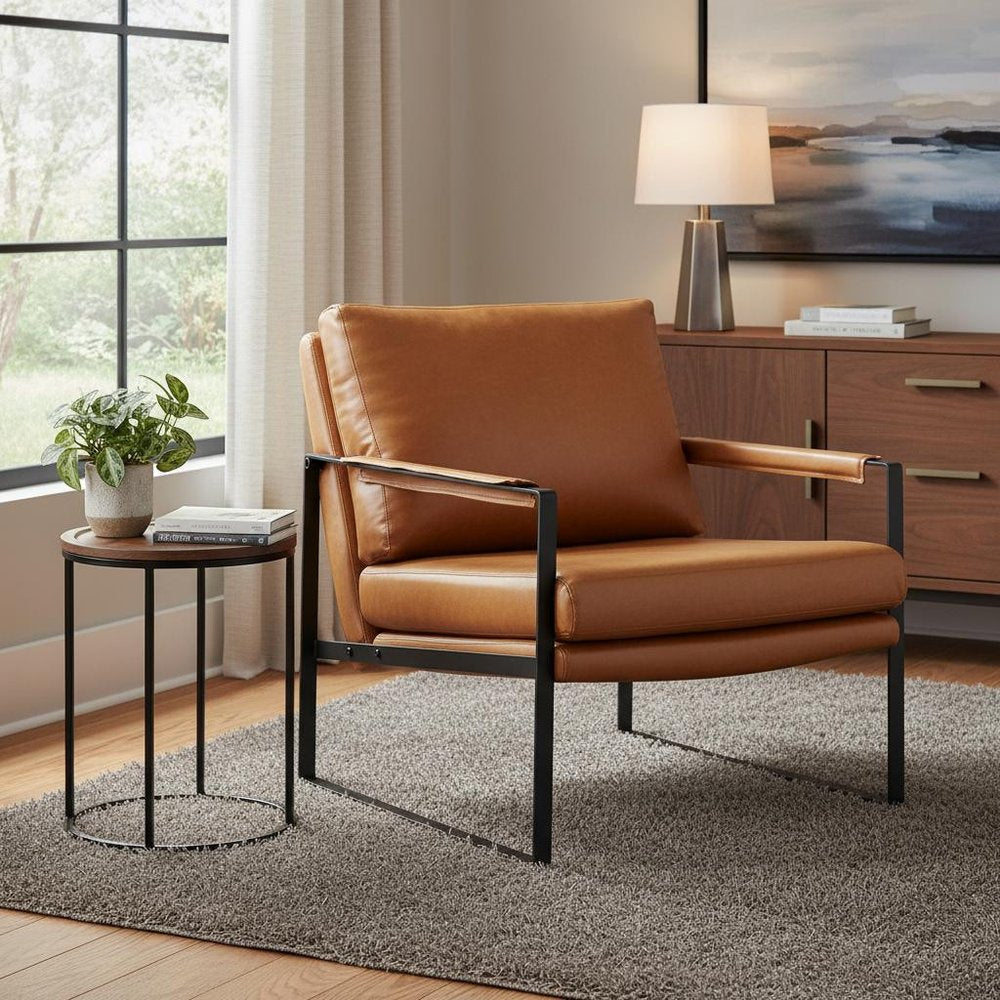 27" Brown Faux Leather And Black Arm Chair