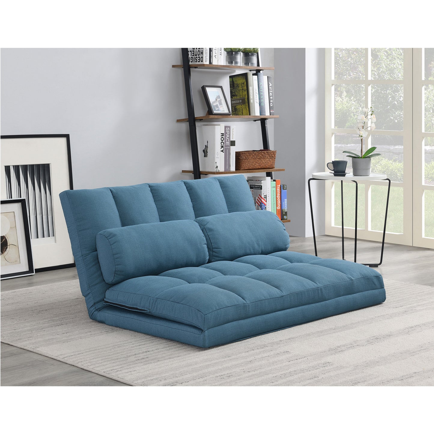 45" Blue Futon Convertible Sleeper Loveseat and Toss Pillows