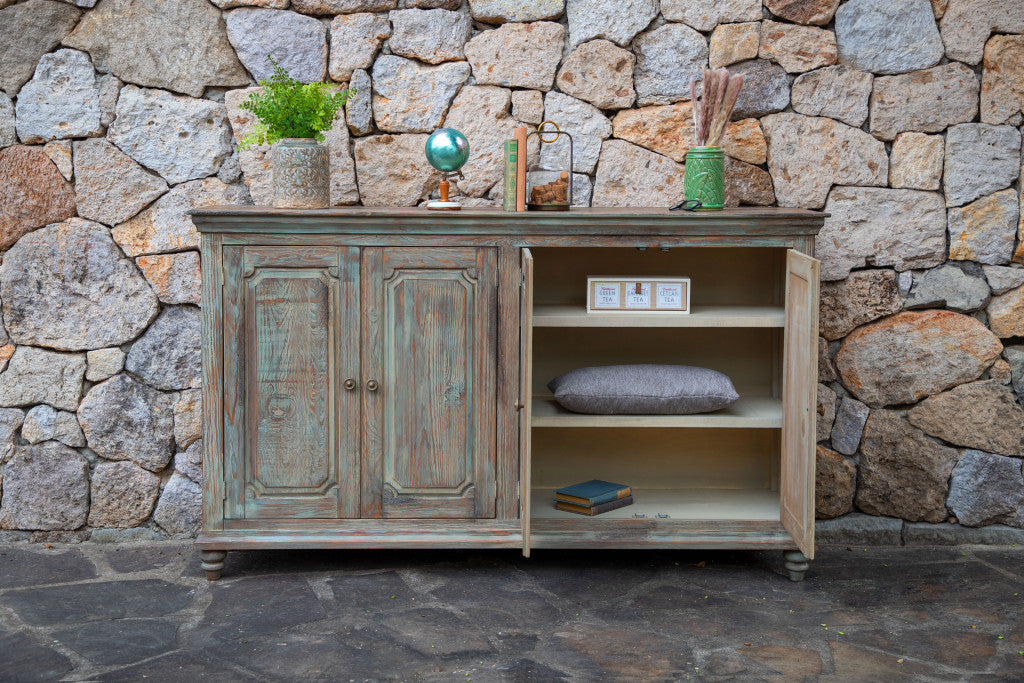 71" Green Solid and Manufactured Wood Distressed Credenza