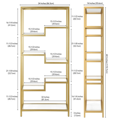 68" Gold Metal and Glass Seven Tier Etagere Bookcase