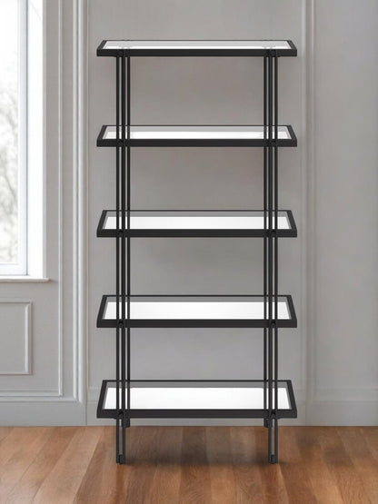 68" Black Metal And Glass Five Tier Standard Bookcase