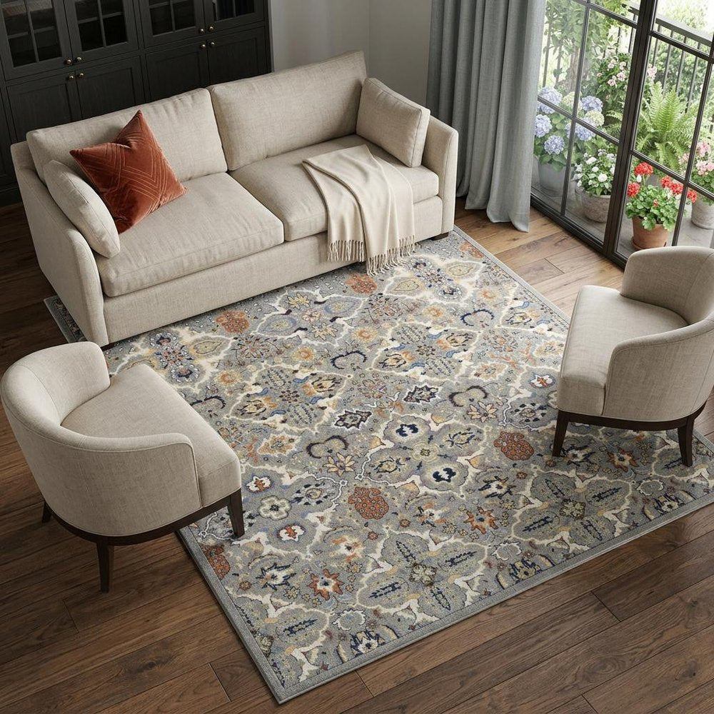 7' X 10' Green and Ivory Floral Power Loom Area Rug