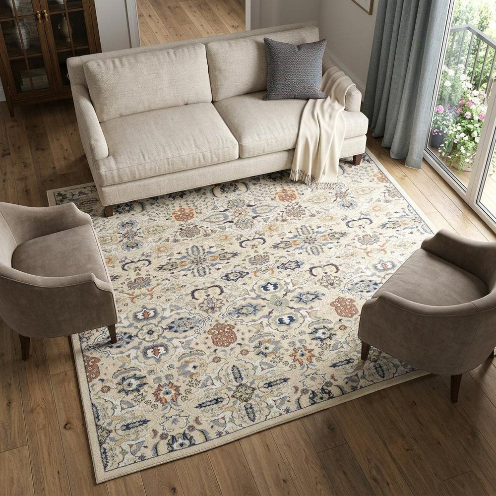 7' X 10' Green and Ivory Floral Power Loom Area Rug