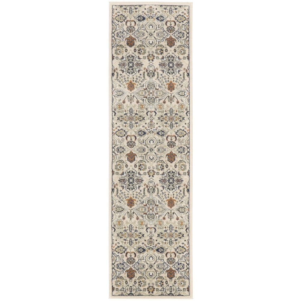 8' Green and Ivory Floral Power Loom Runner Rug