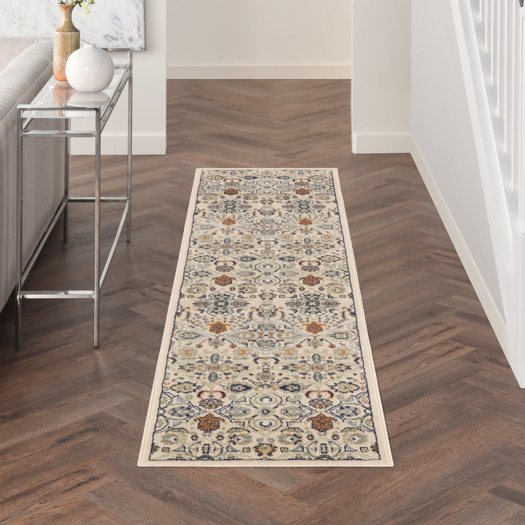 8' Green and Ivory Floral Power Loom Runner Rug