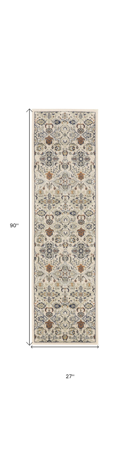 8' Green and Ivory Floral Power Loom Runner Rug