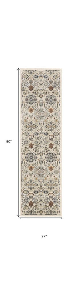 8' Green and Ivory Floral Power Loom Runner Rug