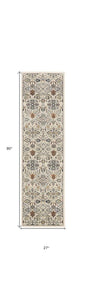 8' Green and Ivory Floral Power Loom Runner Rug