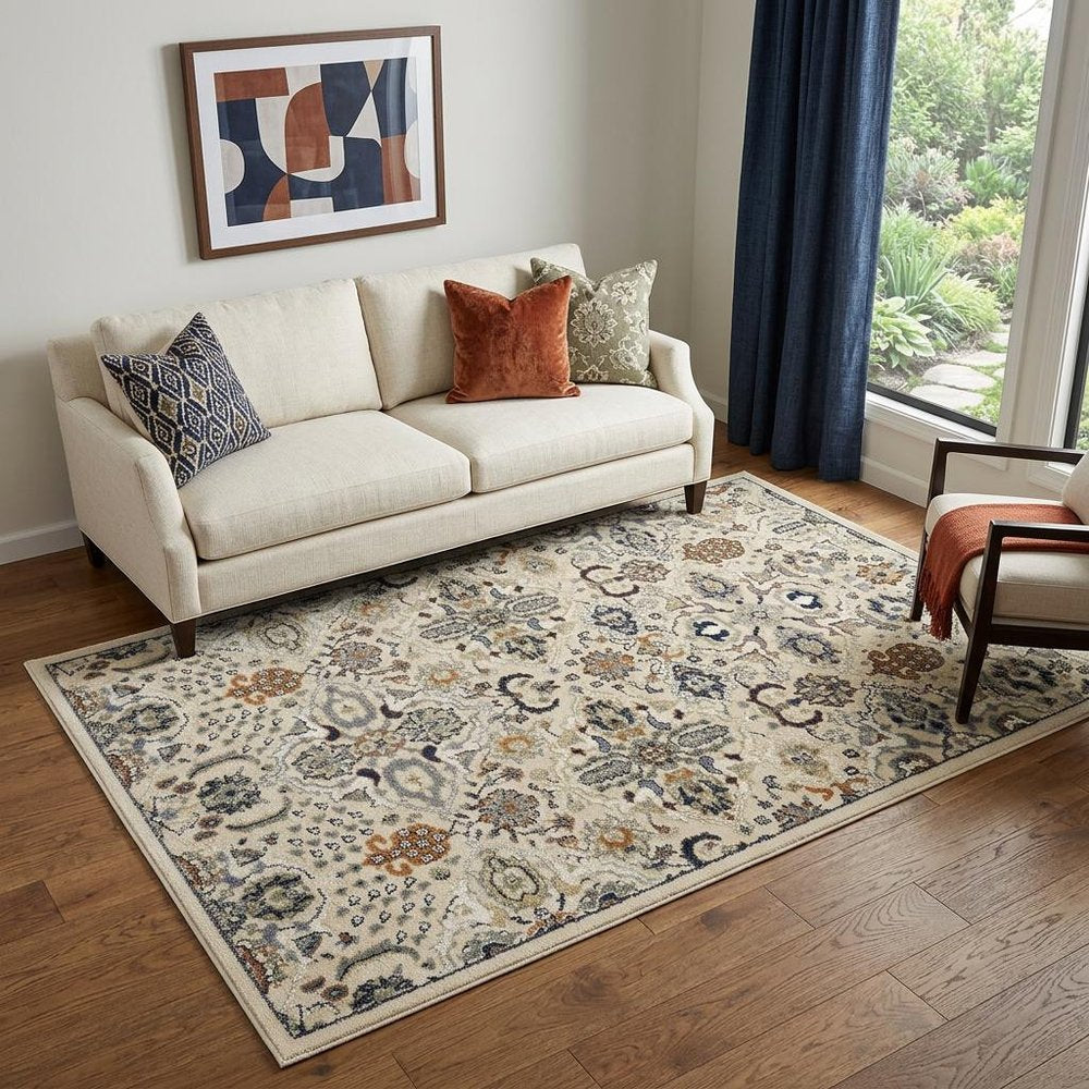 5' X 7' Green and Ivory Floral Power Loom Area Rug