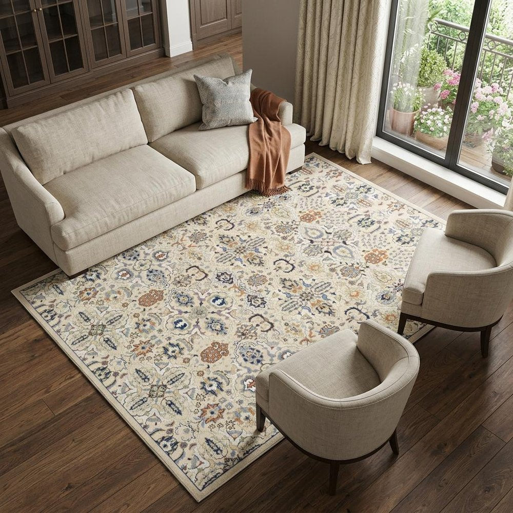 8' X 10' Green and Ivory Floral Power Loom Area Rug