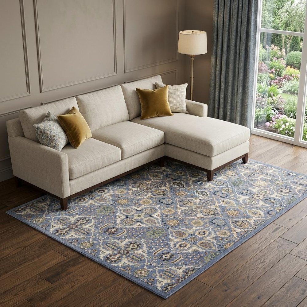 7' X 10' Green and Ivory Floral Power Loom Area Rug