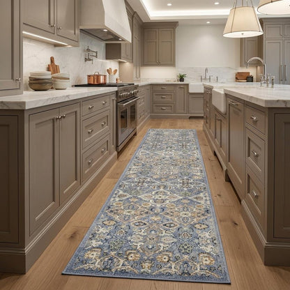 8' Green and Ivory Floral Power Loom Runner Rug