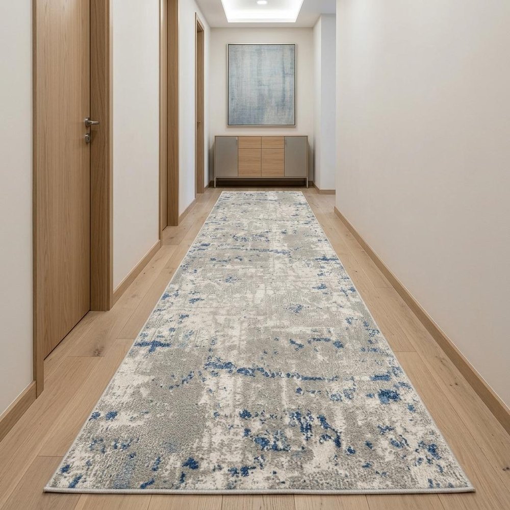 10' Blue and Gray Abstract Power Loom Runner Rug