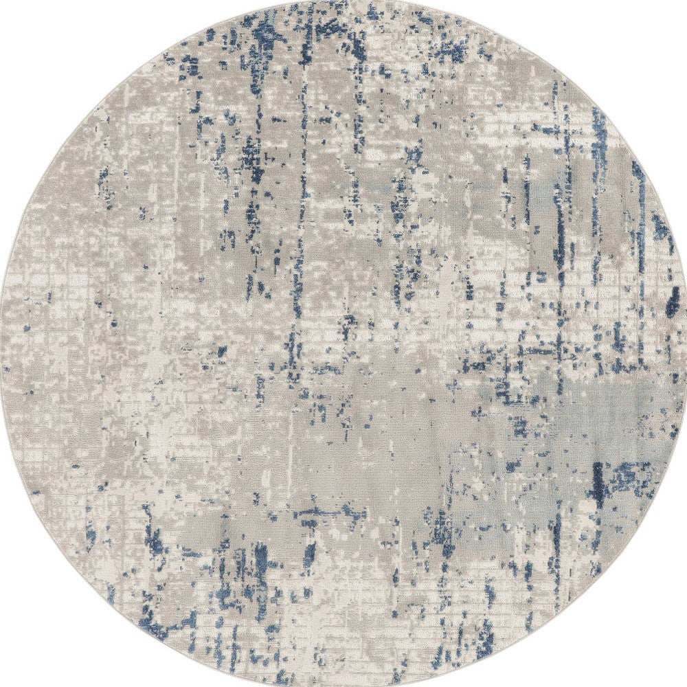 4' Blue and Gray Round Abstract Power Loom Area Rug